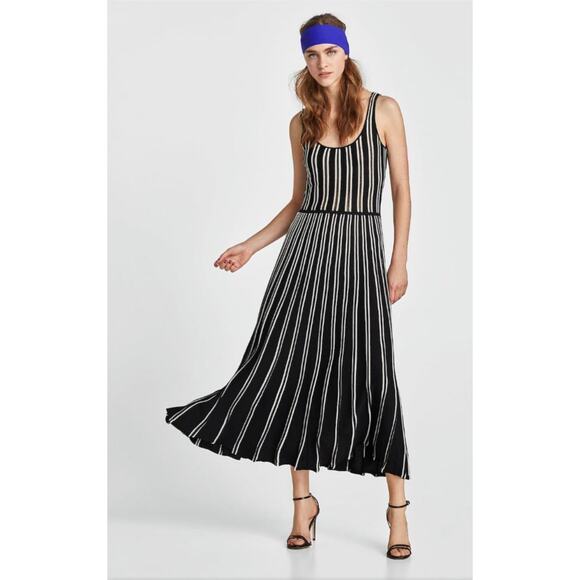 ZARA Knit Black and White Striped Midi dress size S - Picture 1 of 6